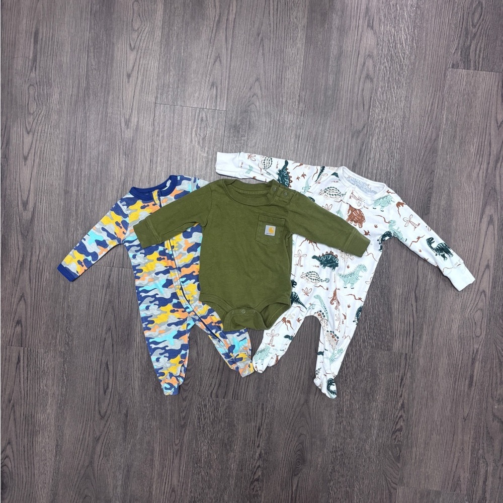 Emporio Baby Camo 0-3mo, Carhartt Grn and Member’s Mark Dino 3-6mo LS Onesies
